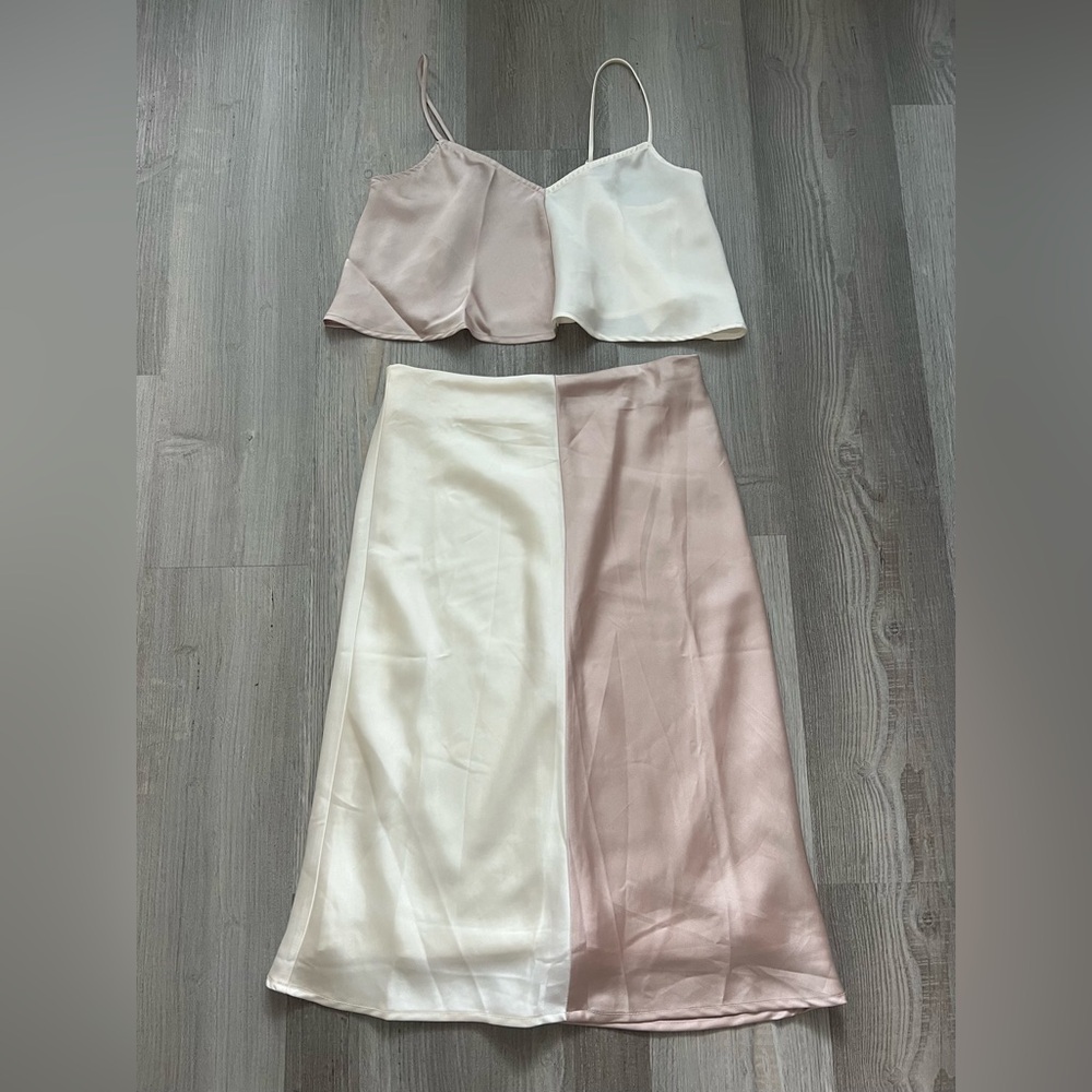 Boutique Two Tone Satin Midi Skirt Set